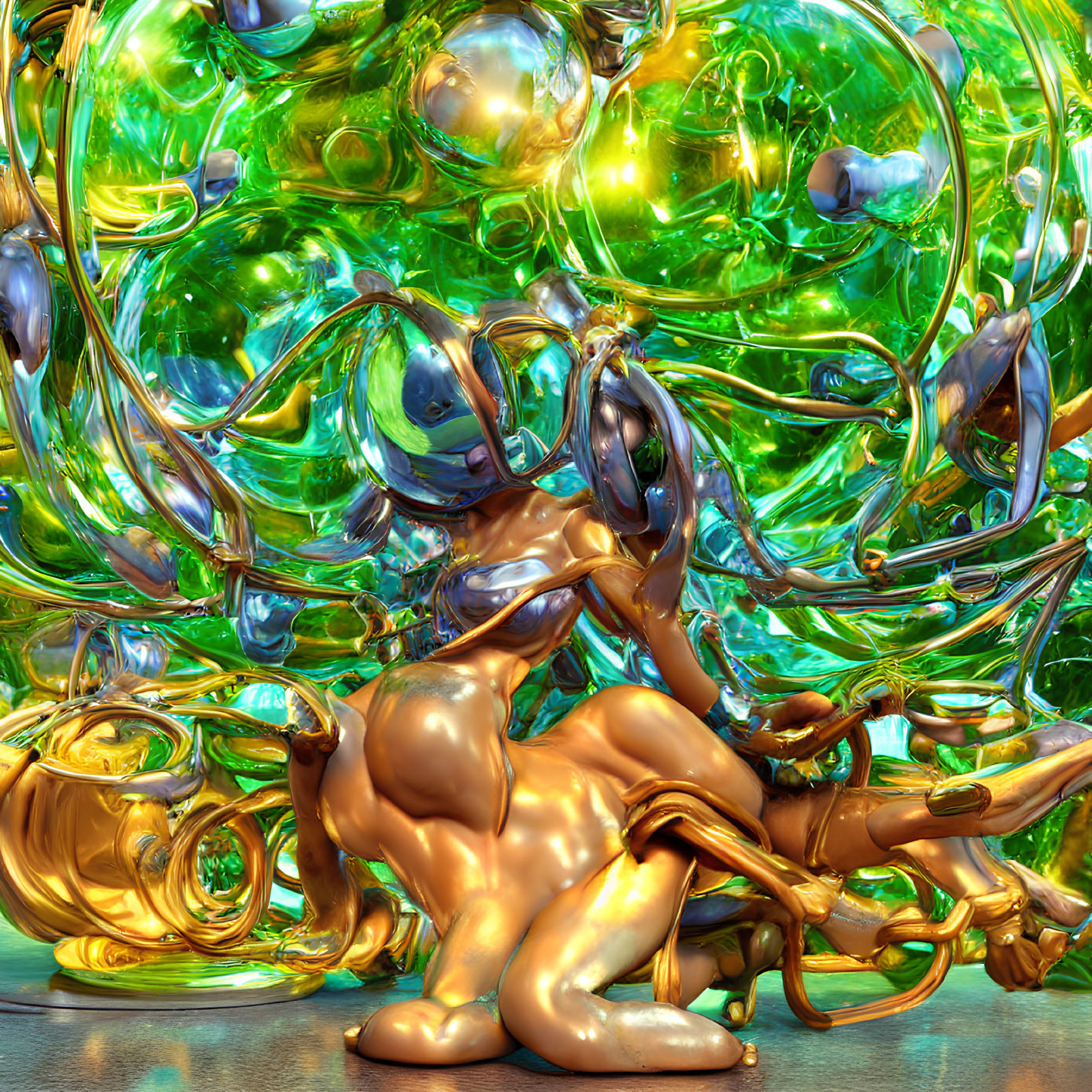 Surreal digital artwork: golden figure with glass-like structures on green background