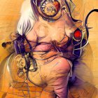 Surreal portrait of female figure with mechanical elements and intricate designs on golden backdrop