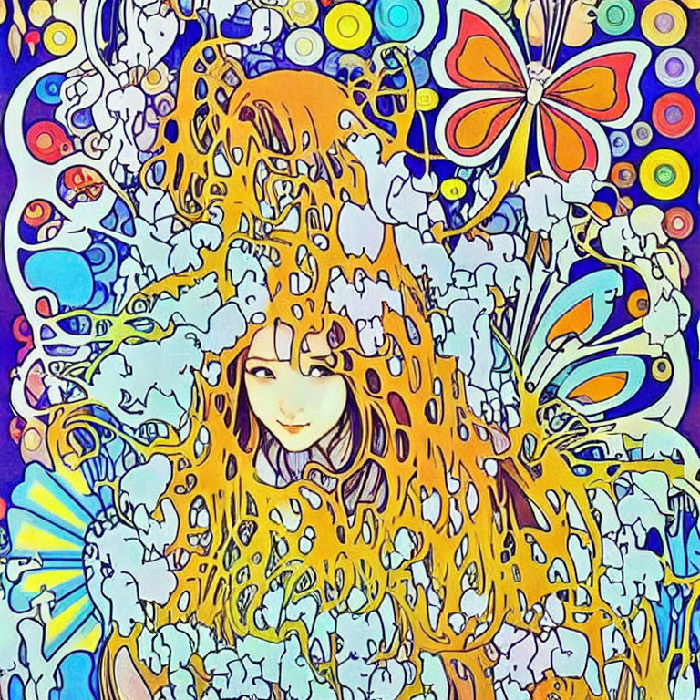 Colorful Psychedelic Artwork: Woman's Face with Nature Motifs