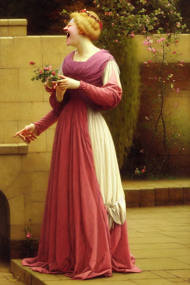 Medieval woman in dress laughing and holding flowers in garden