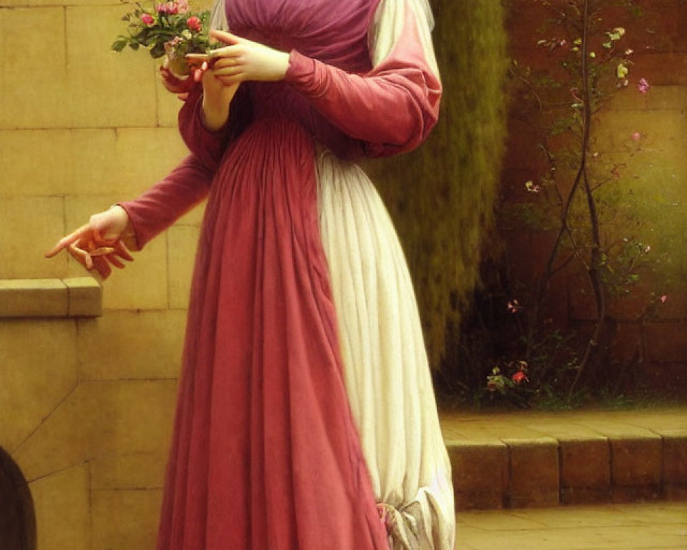 Medieval woman in dress laughing and holding flowers in garden