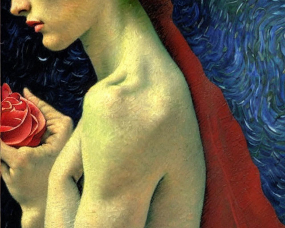 Red-haired woman holding a red rose on blue swirling background
