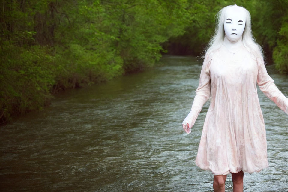 Person in Pink Dress with White Mask by Forest Stream