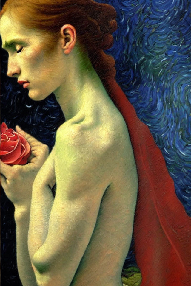 Red-haired woman holding a red rose on blue swirling background