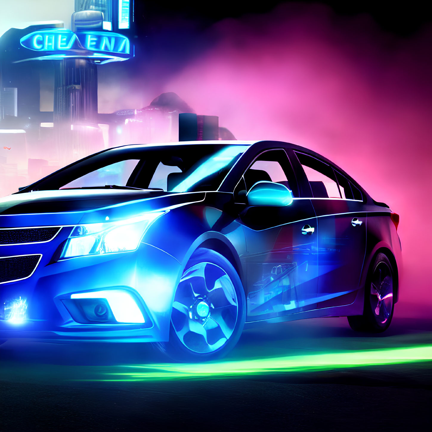 Neon-lit urban scene with sleek car and colorful signage