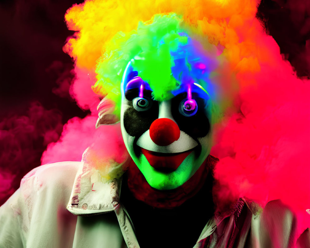 Colorful Clown with Neon Hair in Surreal Smoke