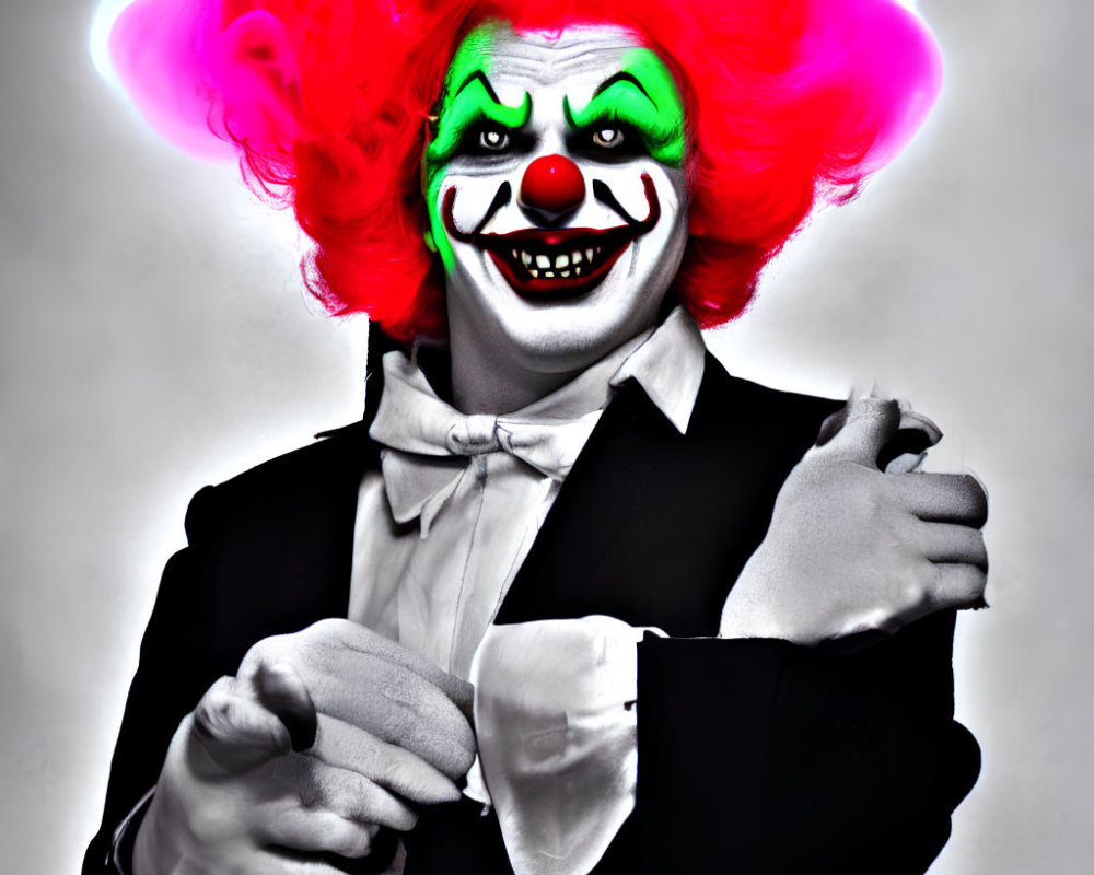 Clown with vibrant makeup and formal attire gesturing