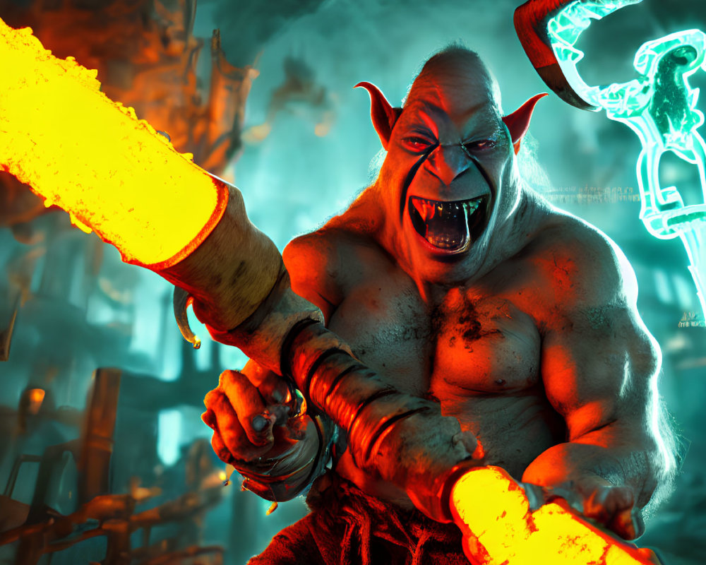 Muscular fantasy creature wielding glowing molten weapon in fiery forge