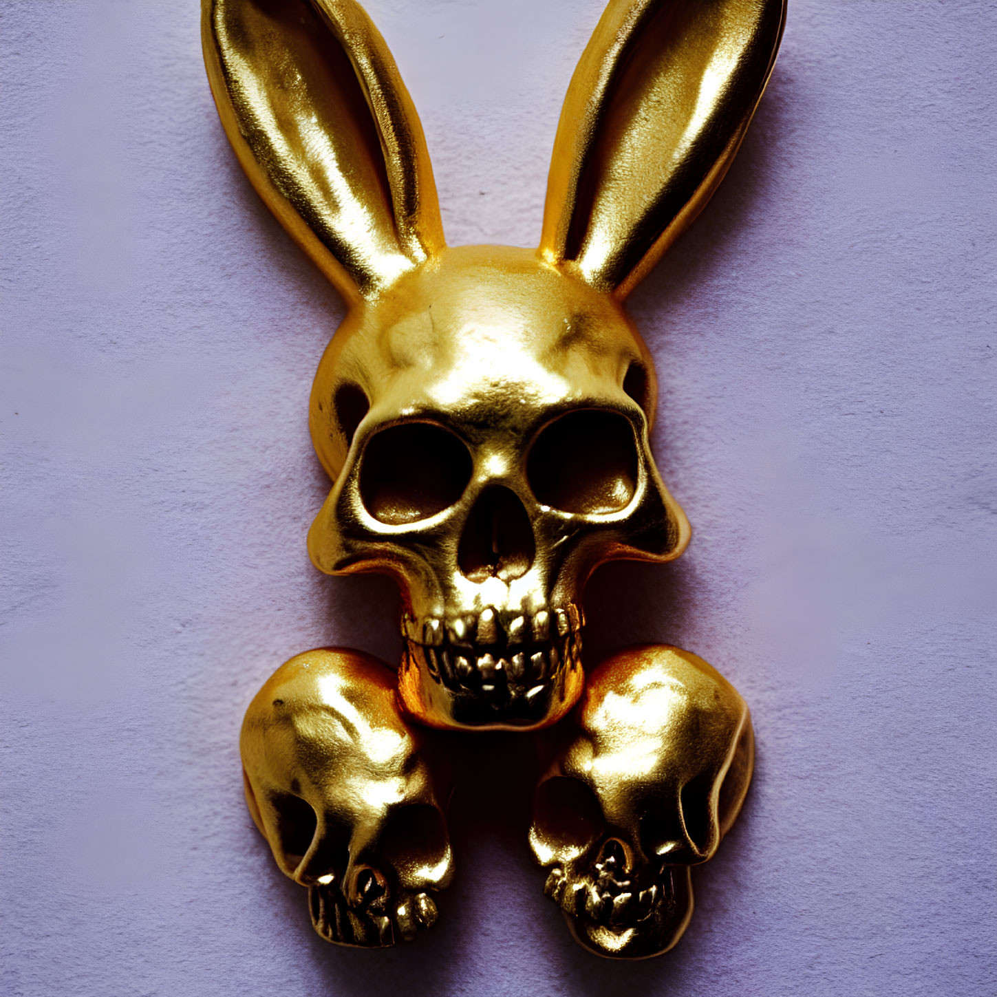 Gold Skull with Rabbit Ears and Skull Teeth on Purple Background