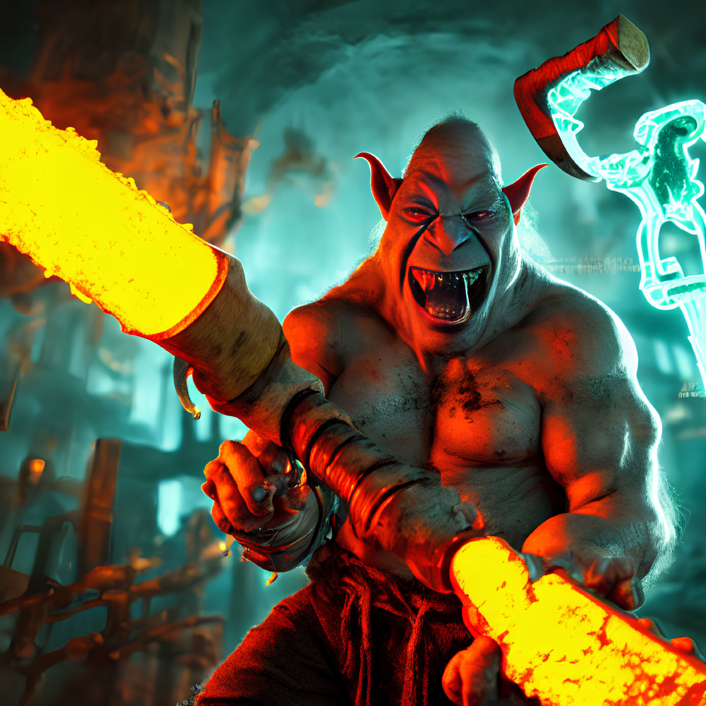 Muscular fantasy creature wielding glowing molten weapon in fiery forge