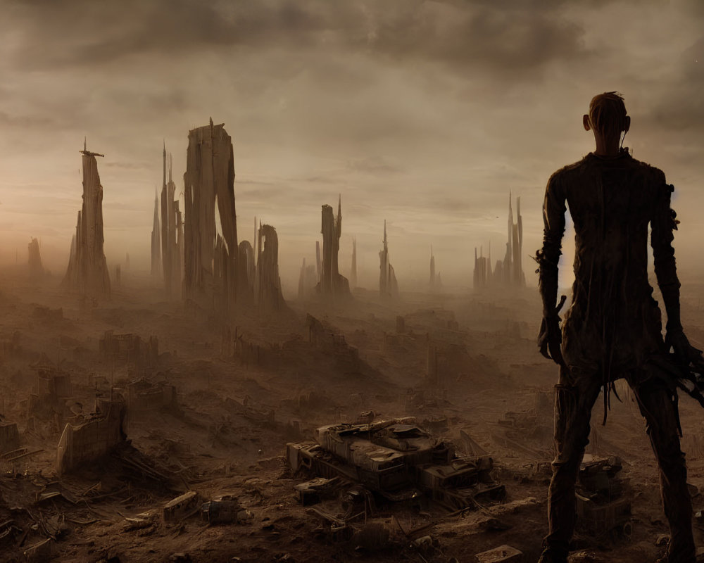 Silhouette of humanoid figure in front of dystopian cityscape