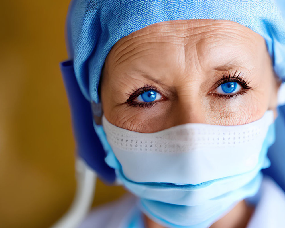 Female healthcare worker in surgical cap and mask with prominent blue eyes.