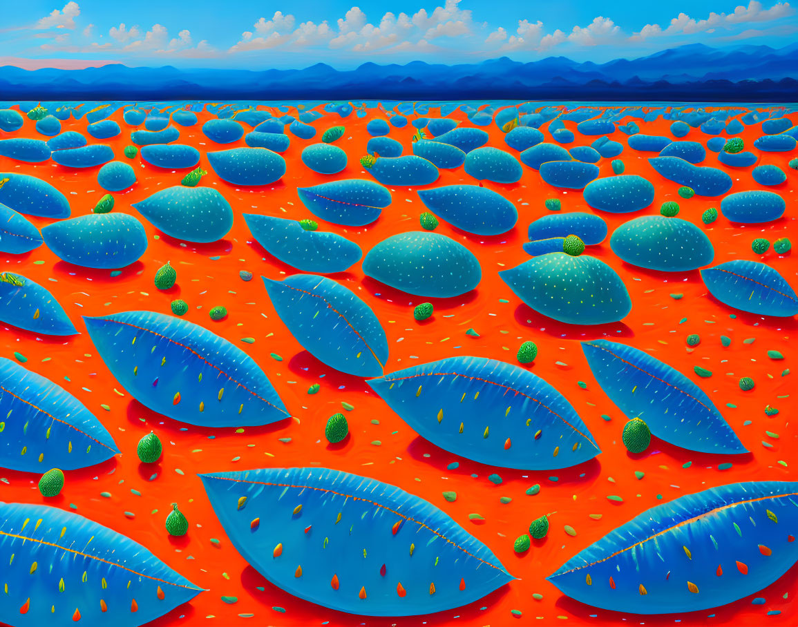 Colorful landscape with oversized blue leaves on orange ground