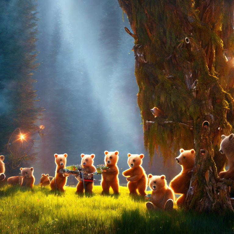 Animated bears in magical forest with large tree and glowing orb staff