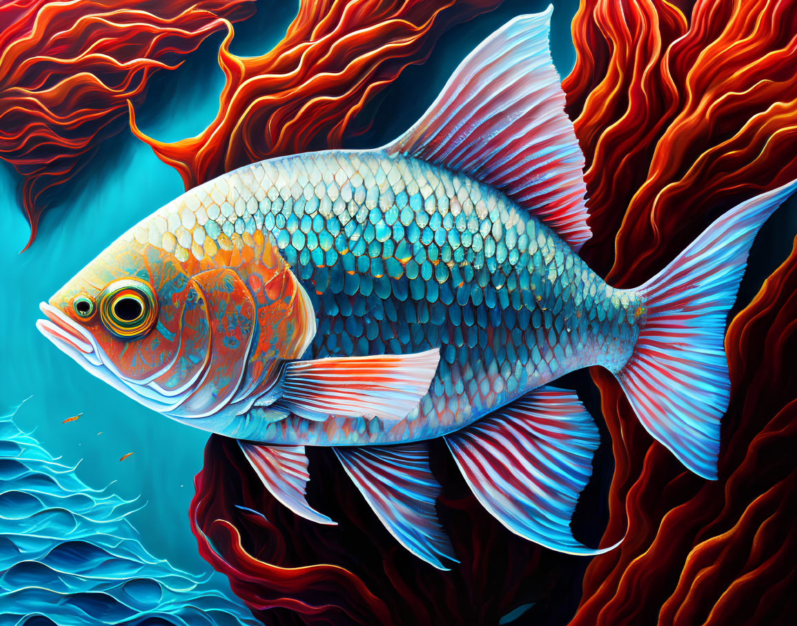Colorful Fish Artwork with Fiery Coral and Blue Water Textures