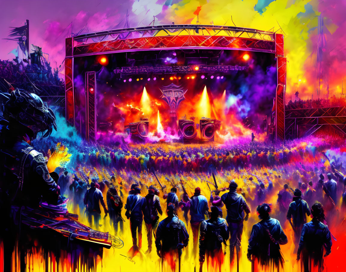 Dynamic Concert Scene with Electric Crowd and Flame Motif under Purple Sky