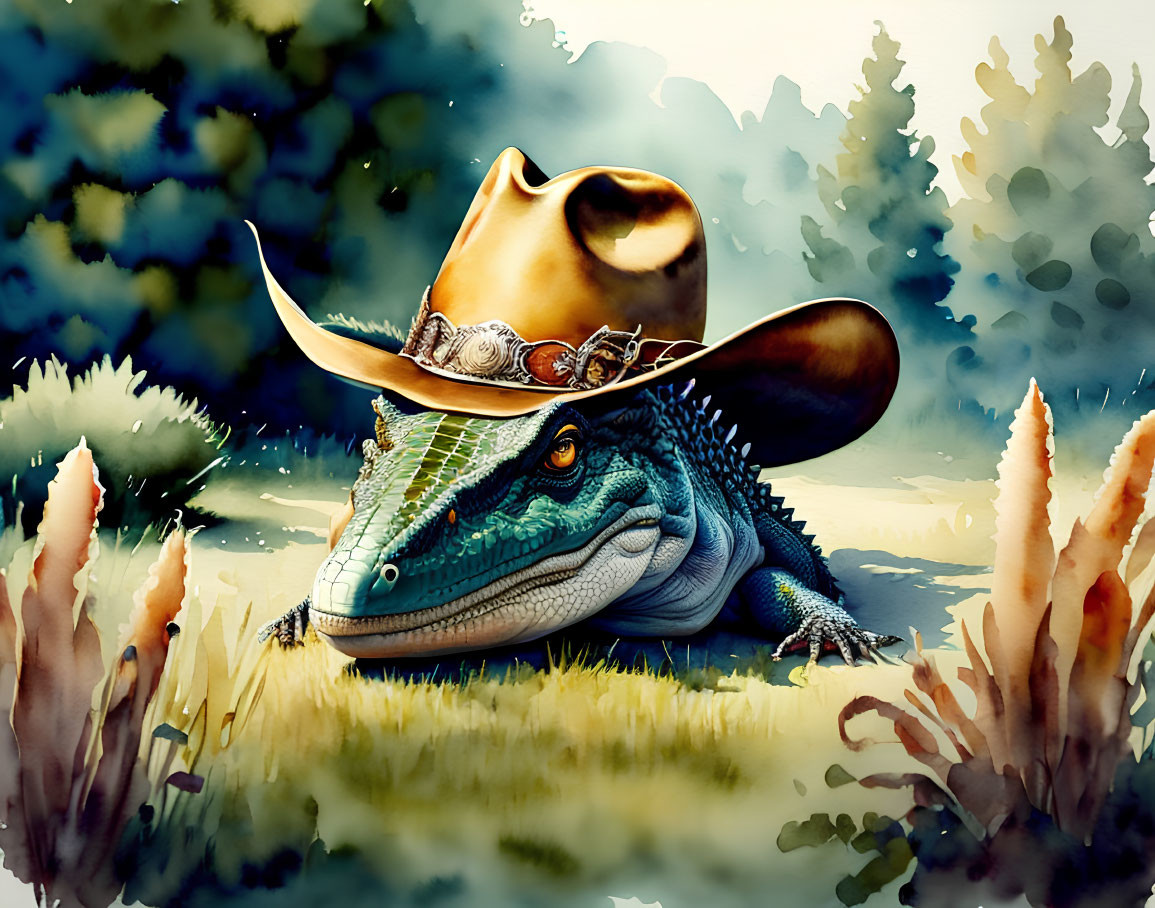 Alligator in Cowboy Hat with Grass and Trees Backdrop