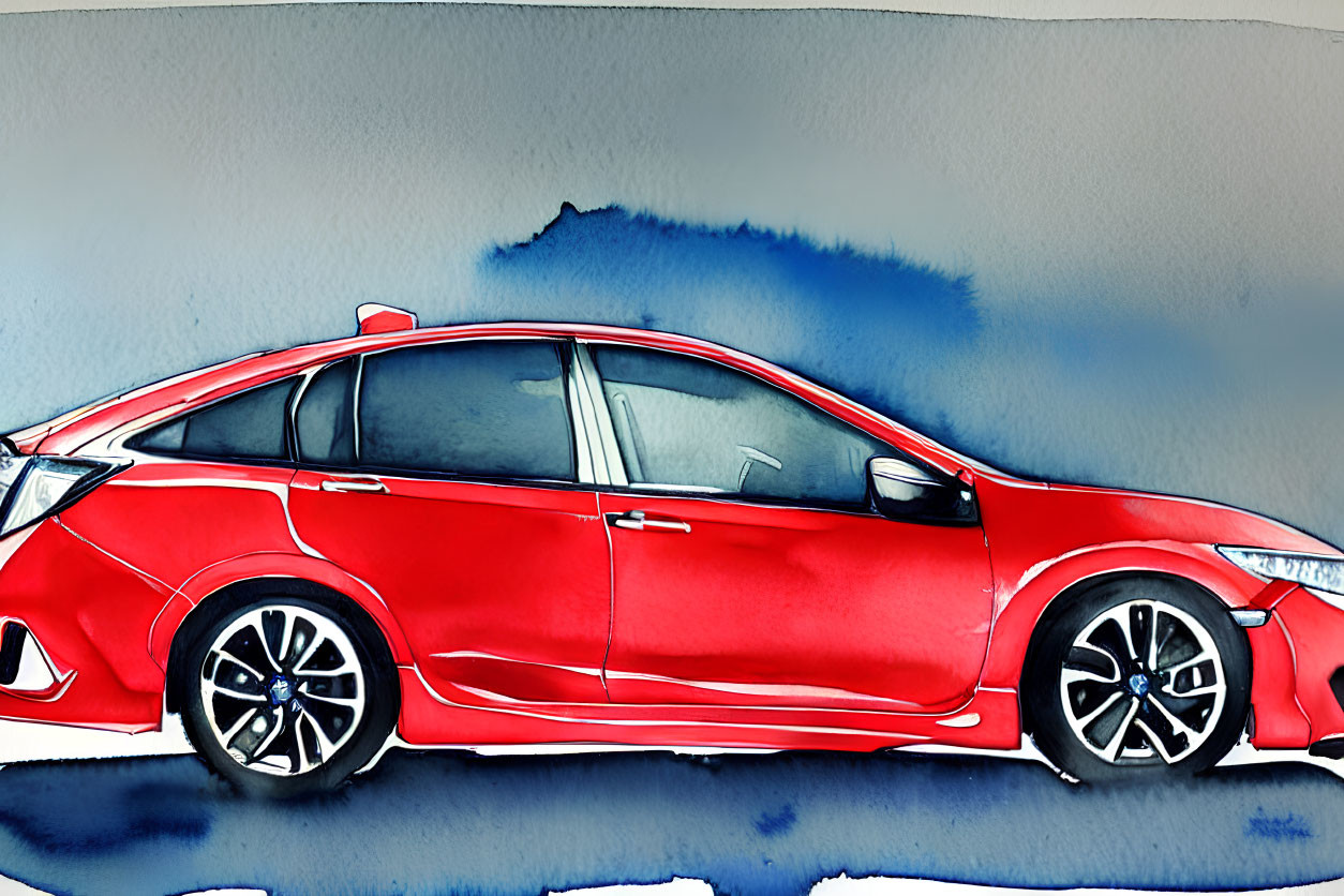 Vivid Watercolor Illustration of Red Sedan with Blue Background