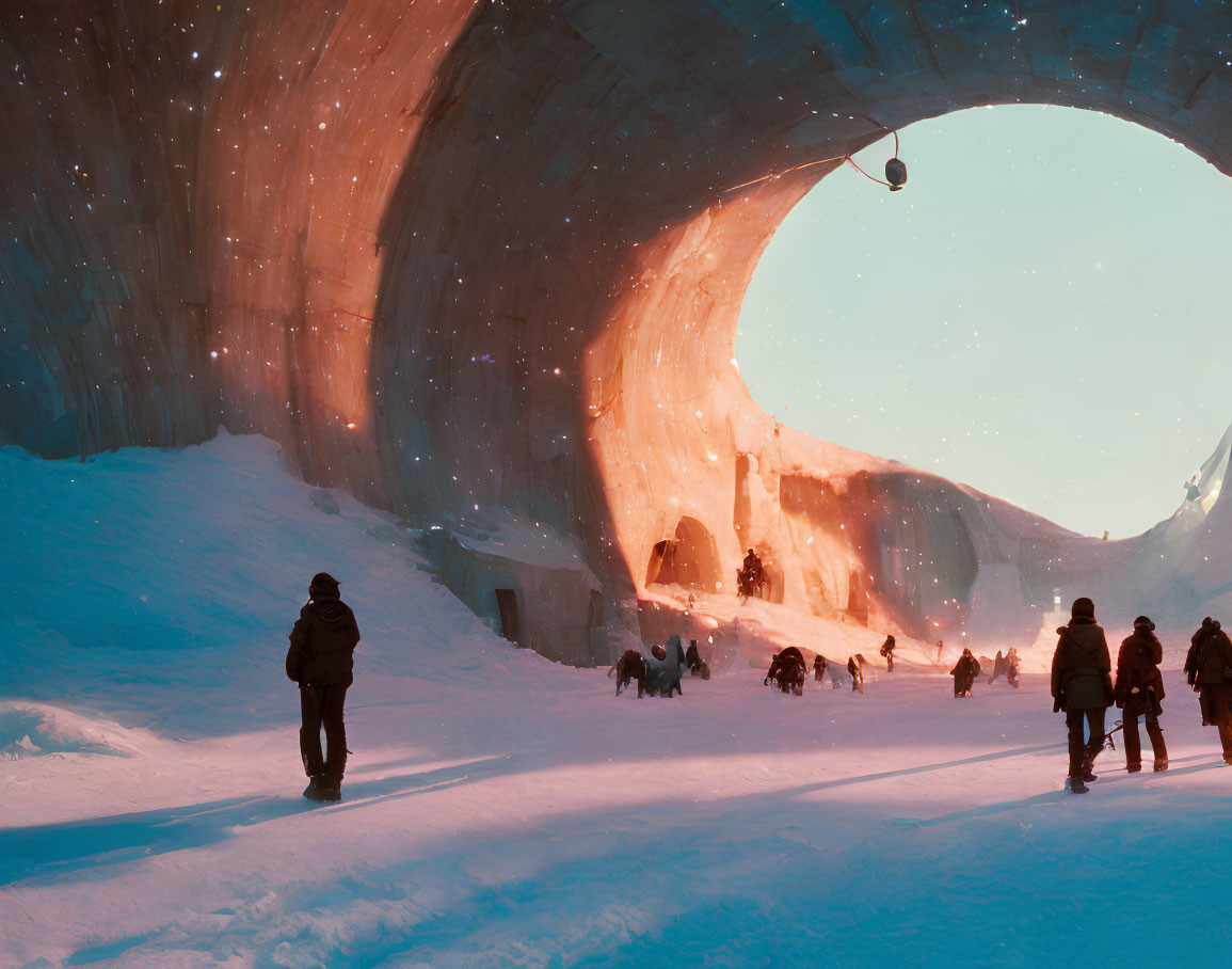 Explorers in a Vast Ice Cave with Warm Light Filtering Through