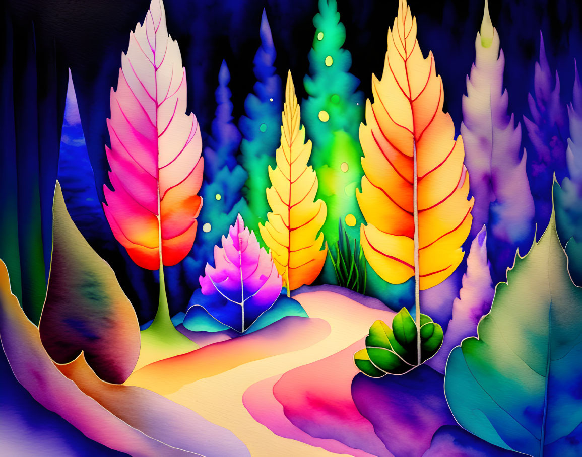 Fantasy forest illustration with neon-lit leaves and glowing pathway
