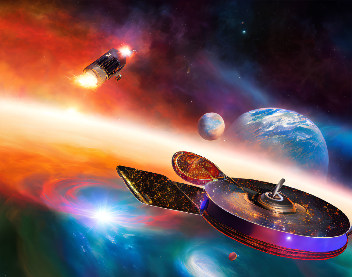 Colorful Space Scene: Shuttle, Nebula, Vinyl Record, Celestial Bodies