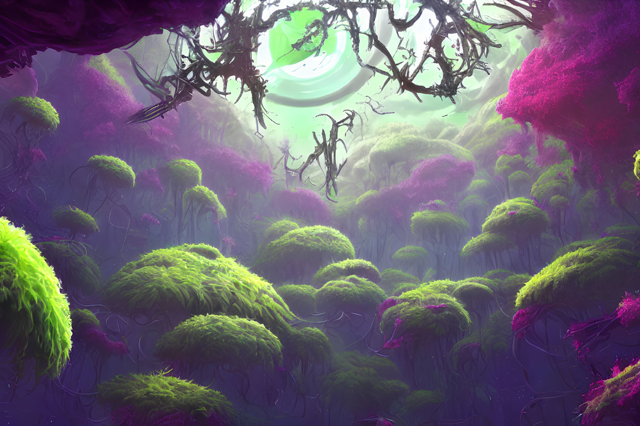 Vibrant purple and green forest with moonlike celestial body