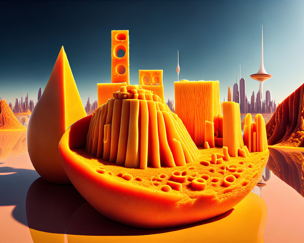 Cheese-textured cityscape in surreal landscape