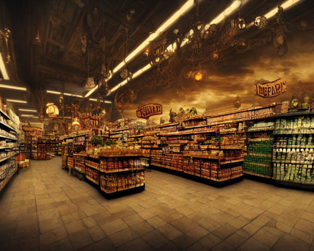 Sepia-Toned Vintage-Style Grocery Store with Fully Stocked Shelves