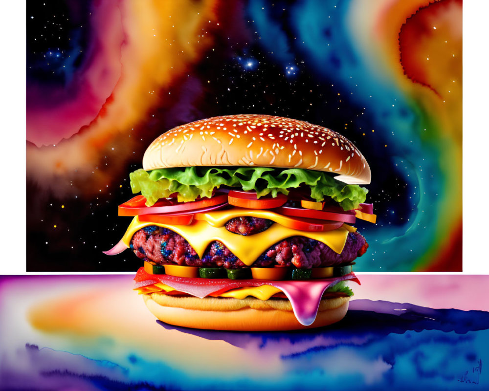 Digital Double Cheeseburger with Tomatoes and Lettuce on Cosmic Background