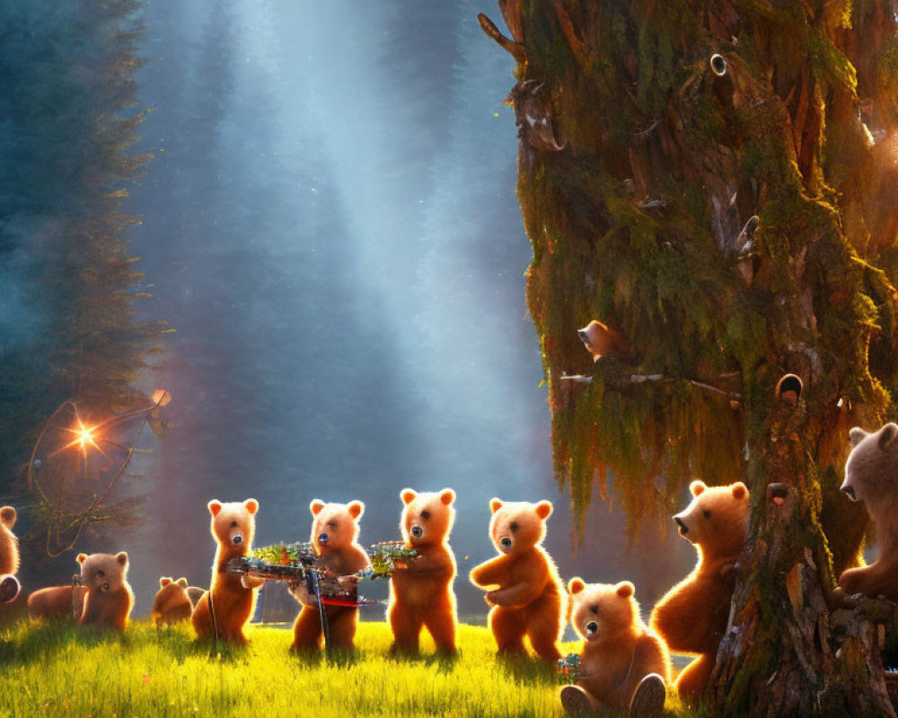 Animated bears in magical forest with large tree and glowing orb staff