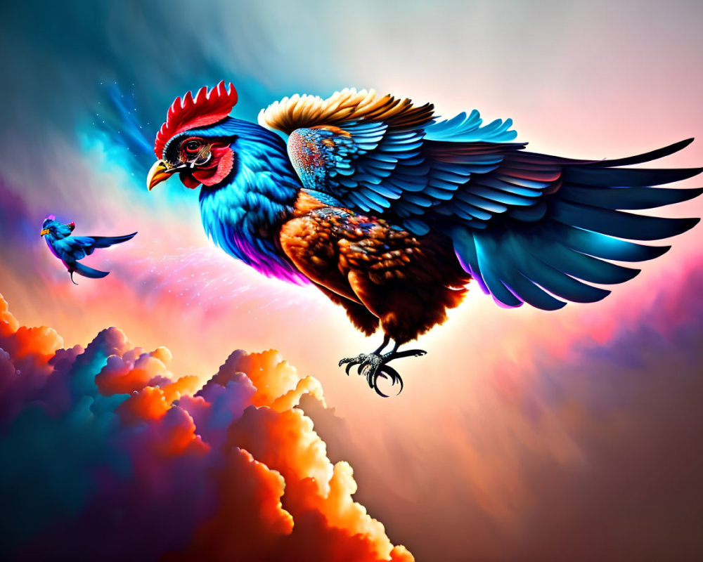 Colorful Winged Rooster Bird Artwork Flying with Companion Bird
