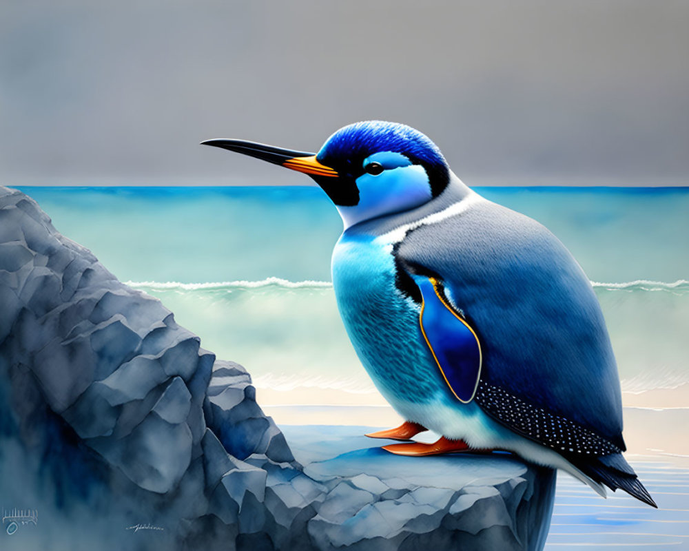 Colorful Blue Penguin on Rocky Cliff Against Soft Ocean Background