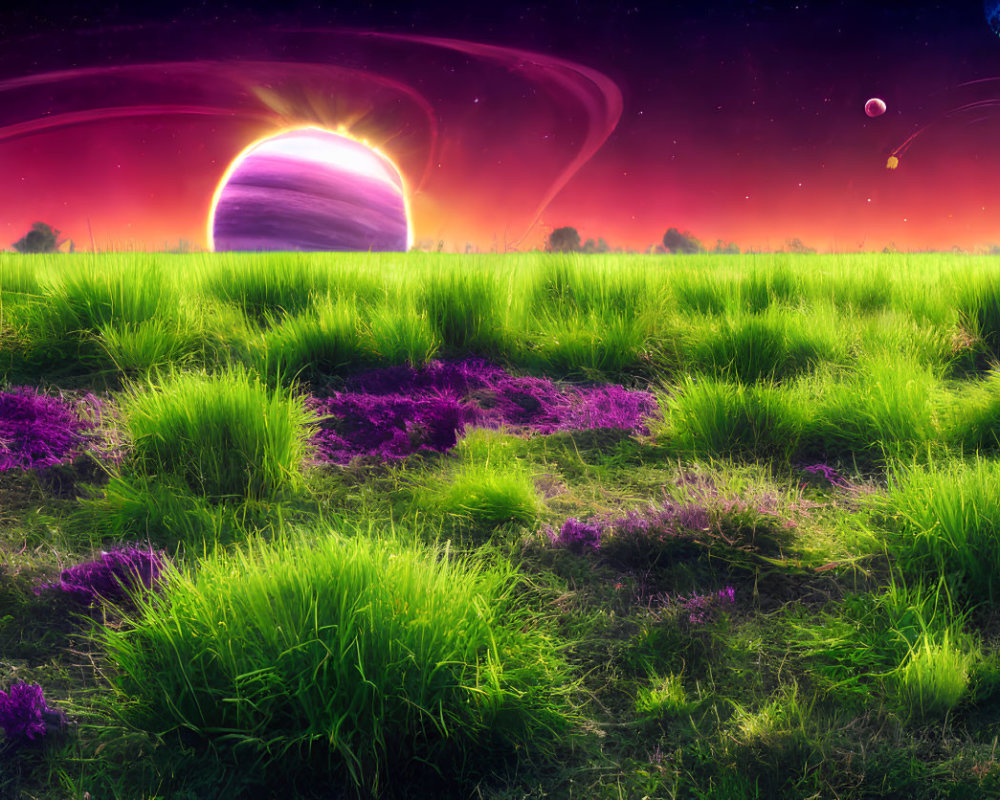 Fantasy landscape with green and purple grass under cosmic sky