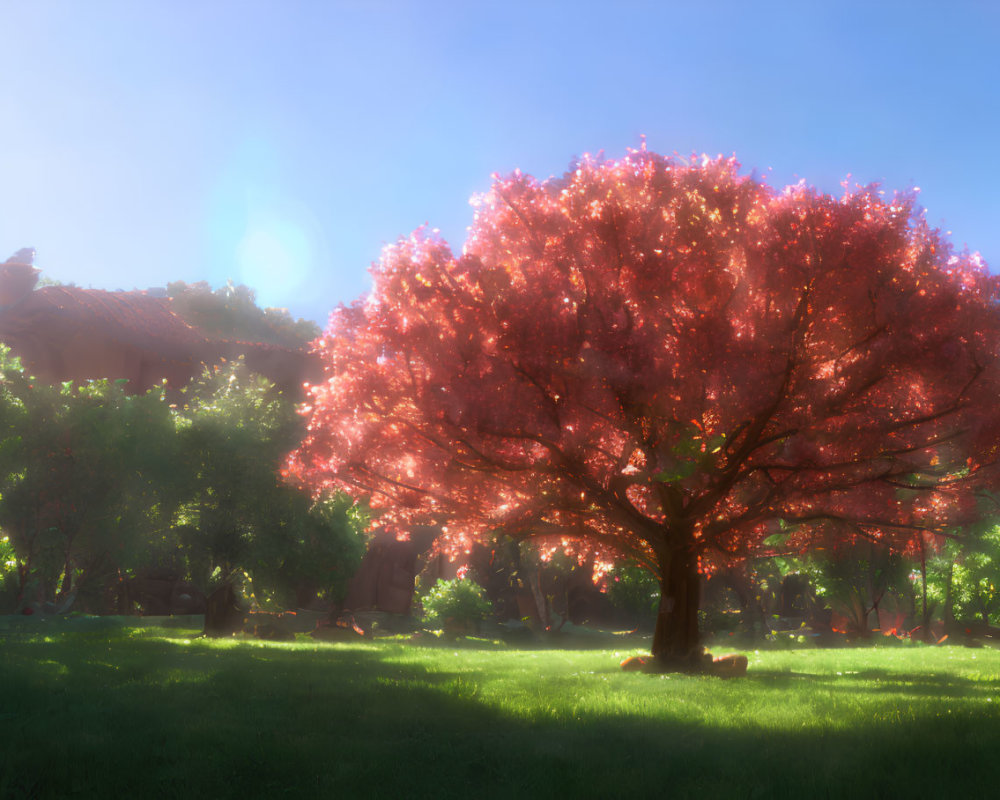 Vibrant cherry blossom tree in sunlit landscape with soft haze
