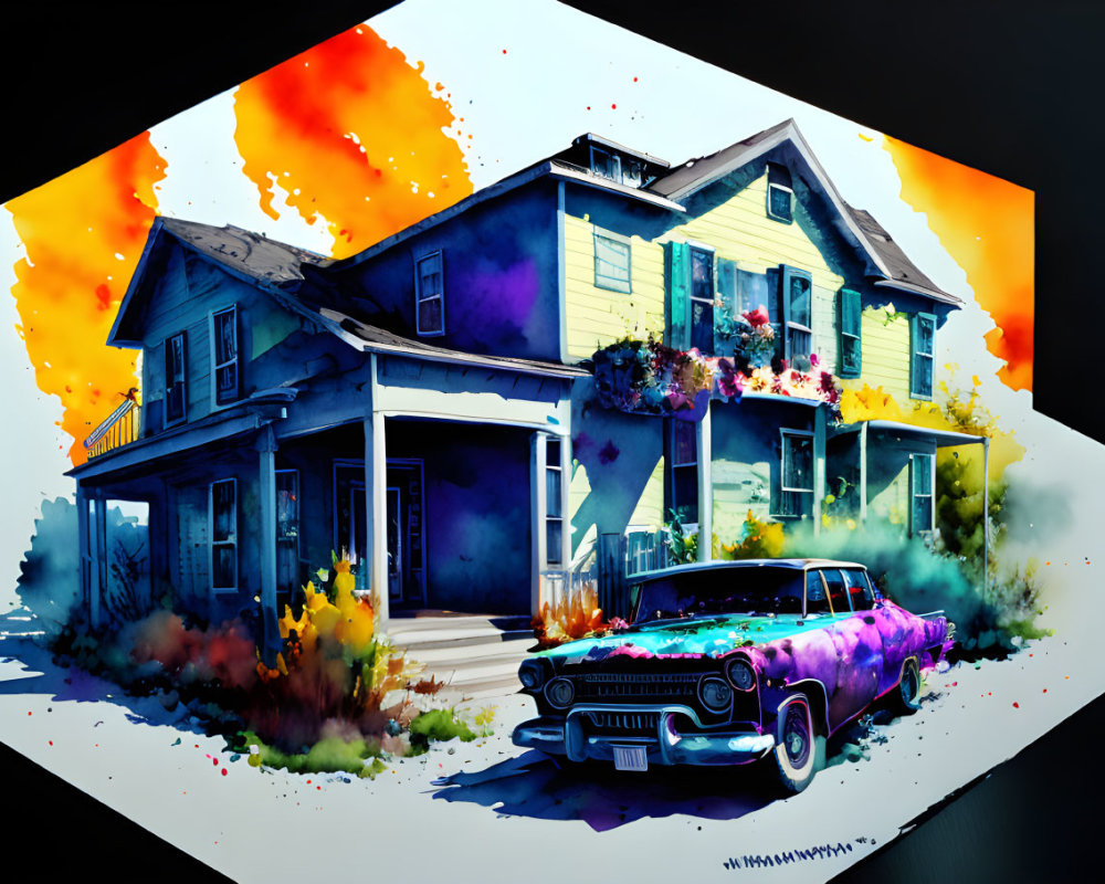 Vibrant Watercolor Art: Vintage Car and Classic House Illustration