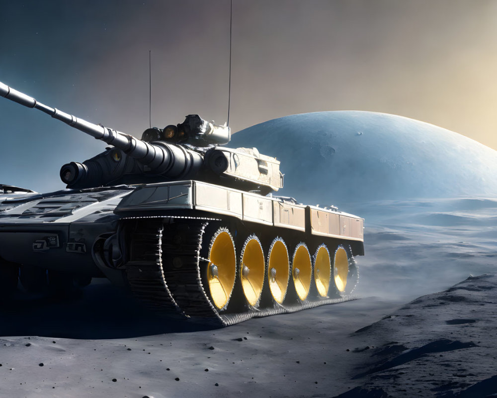 Futuristic tank on rocky alien surface with giant blue planet