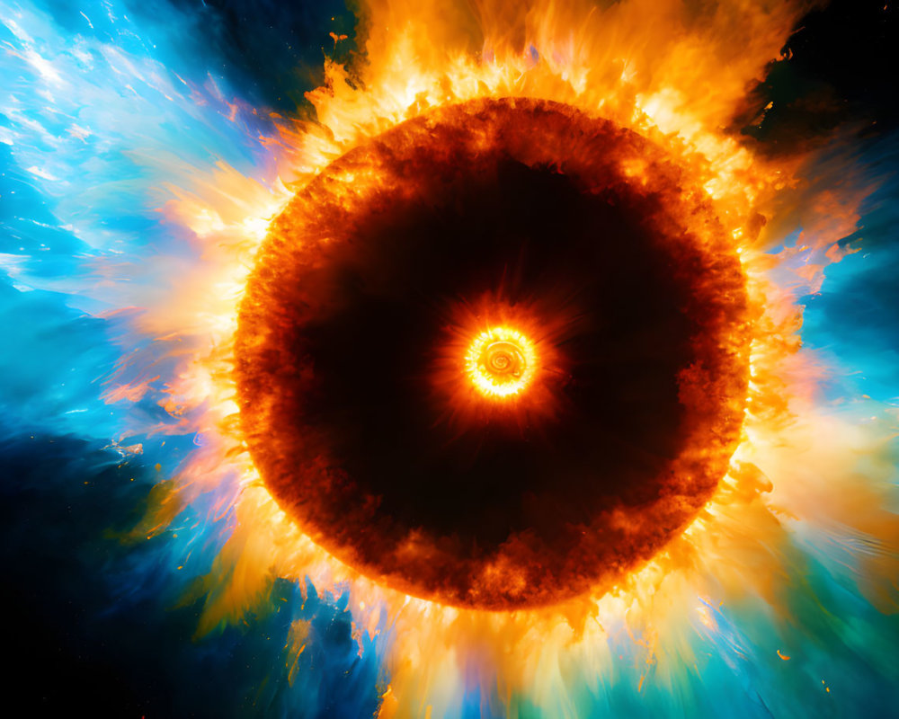 Bright fiery celestial body emitting explosive energy in dark space