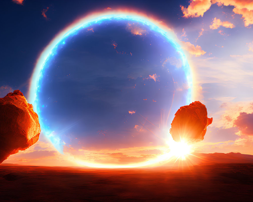 Surreal sunrise with levitating rocks and ethereal blue arc