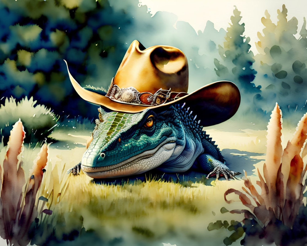 Alligator in Cowboy Hat with Grass and Trees Backdrop