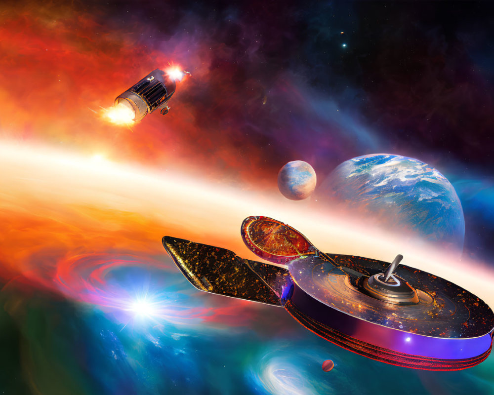 Colorful Space Scene: Shuttle, Nebula, Vinyl Record, Celestial Bodies