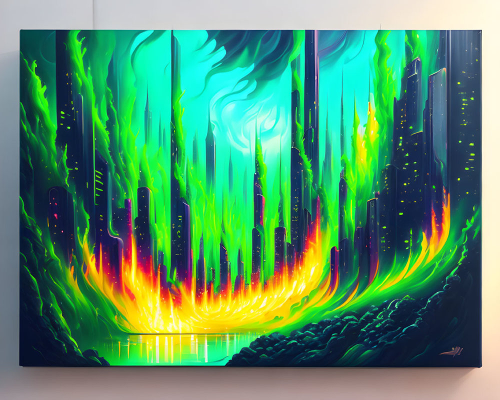Neon forest digital painting with luminescent trees and reflective river