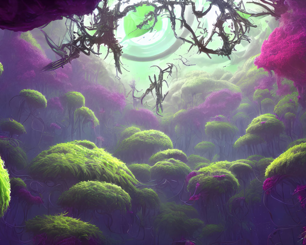Vibrant purple and green forest with moonlike celestial body