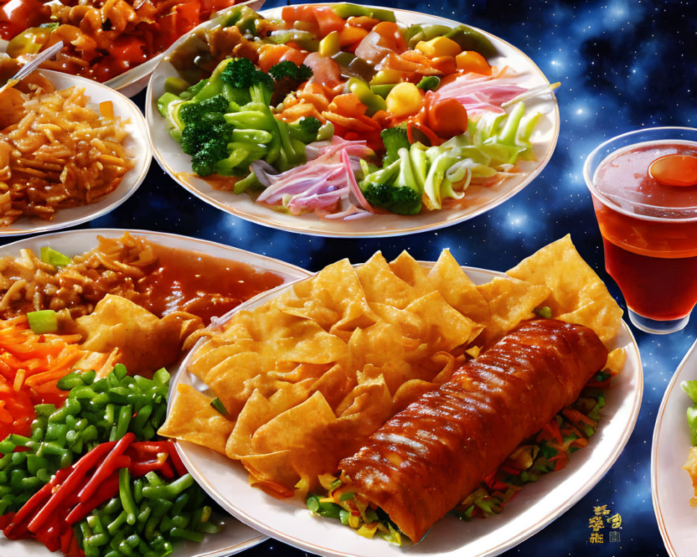 Assortment of Colorful Chinese Dishes with Starry Background