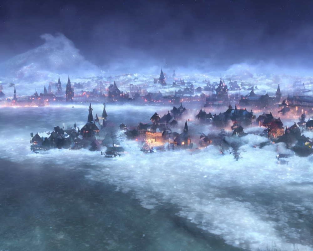 Twilight village in frost with glowing windows and frozen river