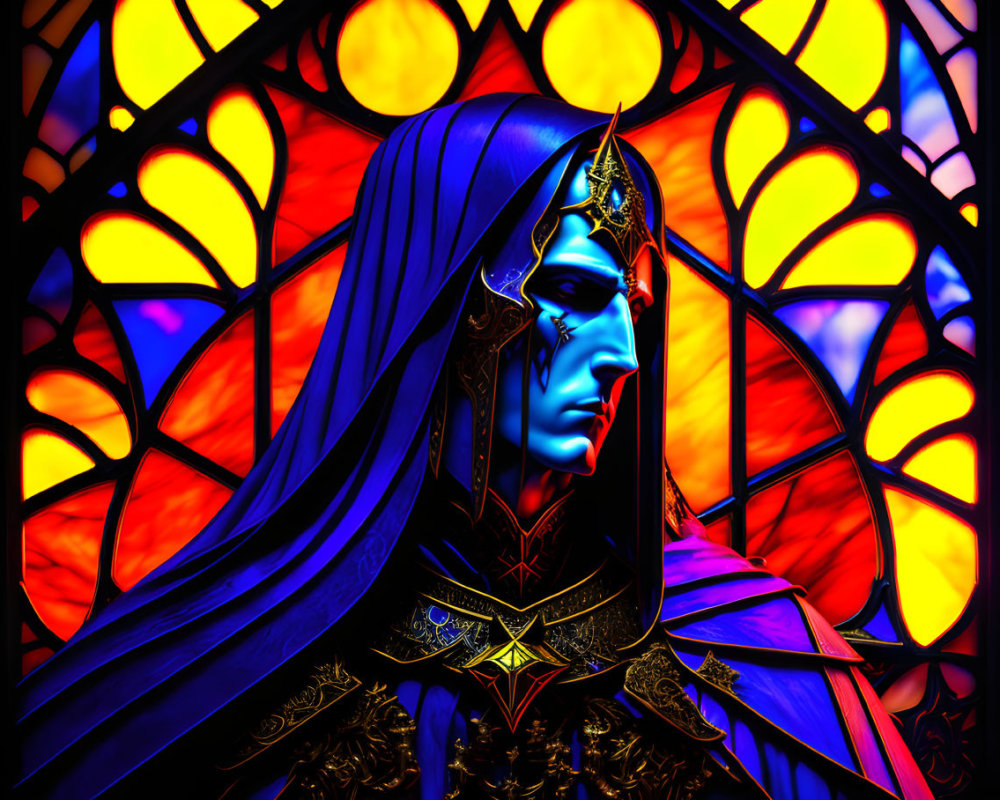 Regal blue-skinned figure in ornate armor by stained-glass window