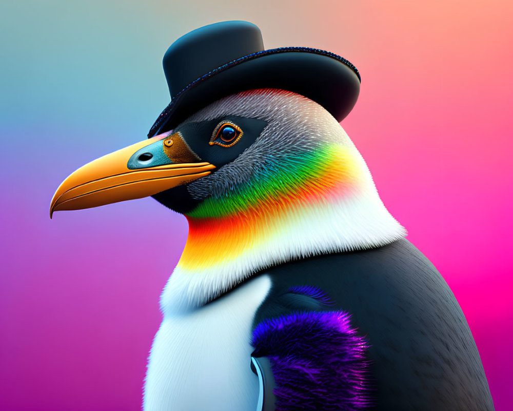 Colorful Penguin Art: Rainbow Neck & Top Hat on Pink-Blue Gradient