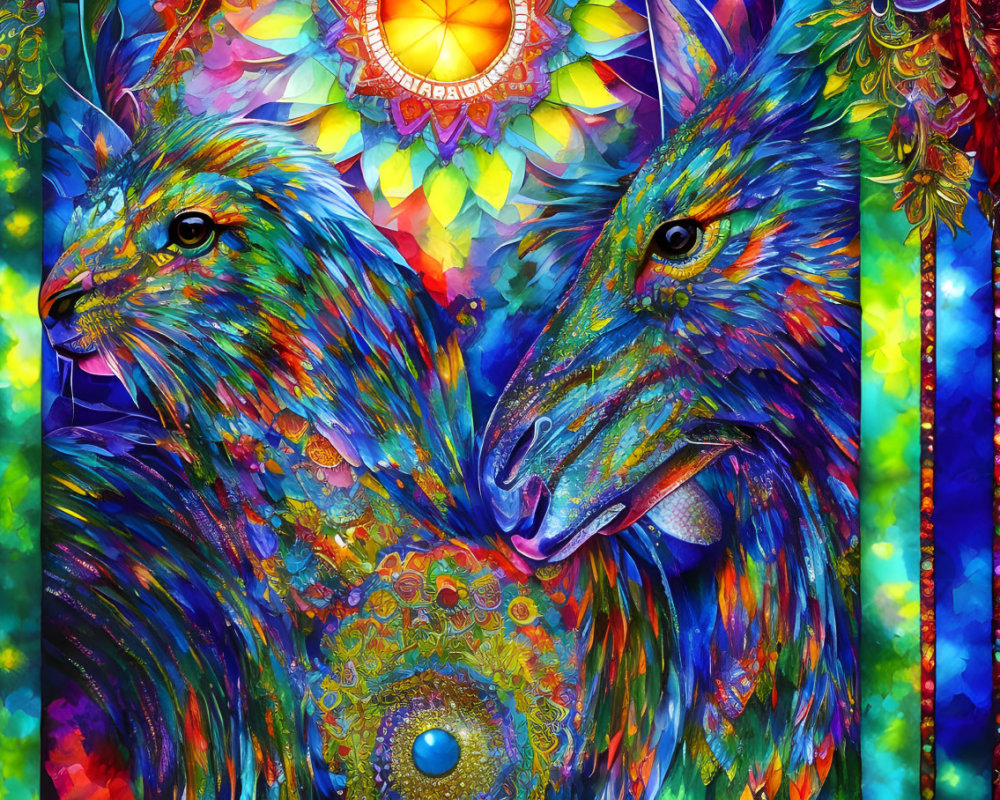 Mythical phoenix and wolf painting with vibrant colors