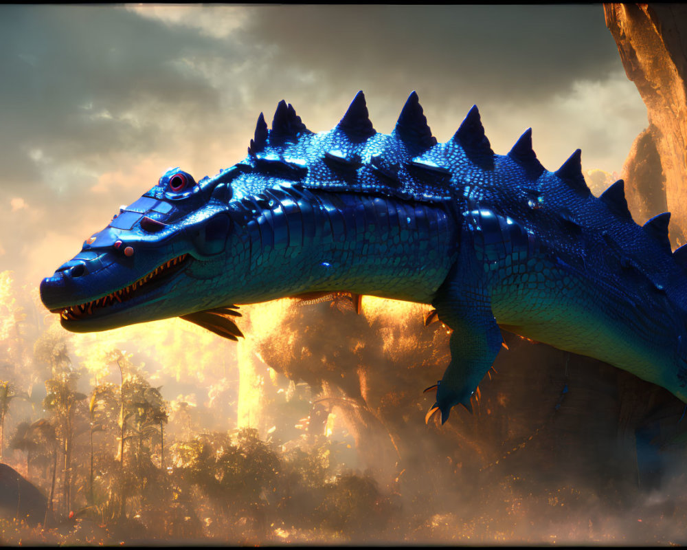Blue-Scaled Dragon Creature in Golden-Lit Forest