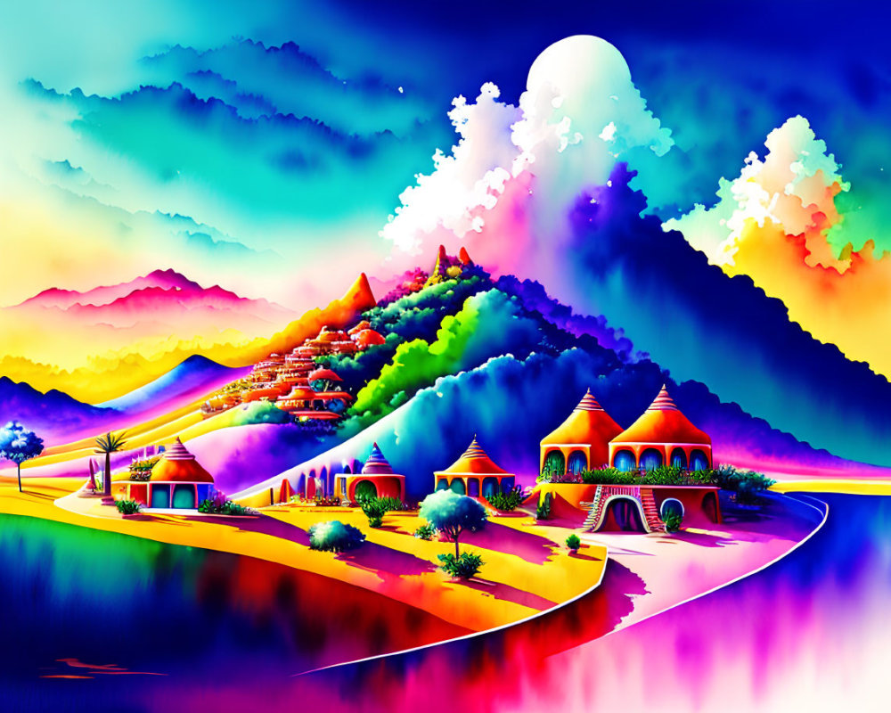 Colorful digital artwork of whimsical landscape with mountains, river, houses, and luminous sky.