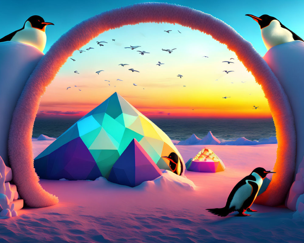 Vibrant geometric igloo in snowy sunset with penguins, arched ice formations, and birds